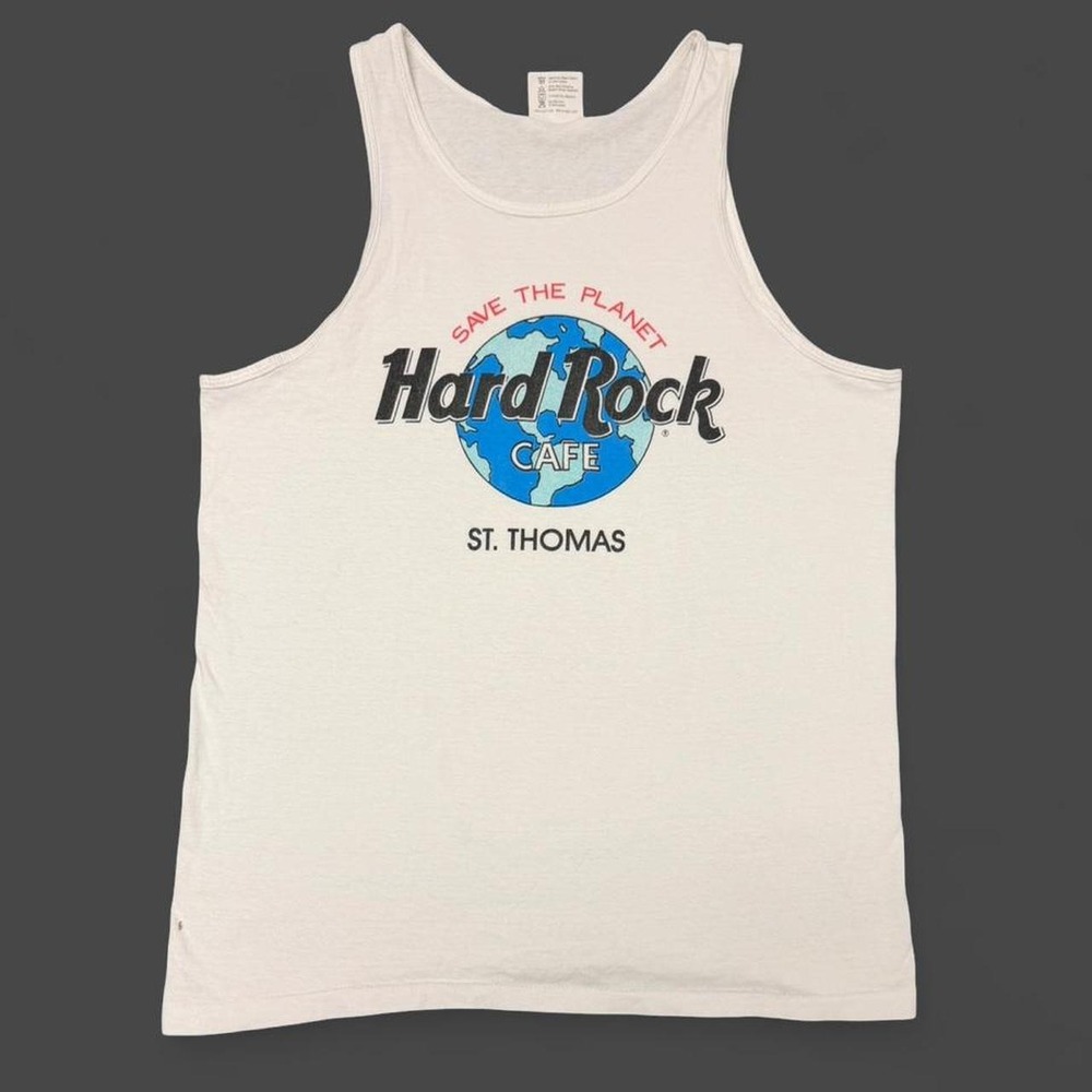 Vintage 90s Hard Rock Cafe St Thomas Tank Top Mens XL White Save The Planet USA